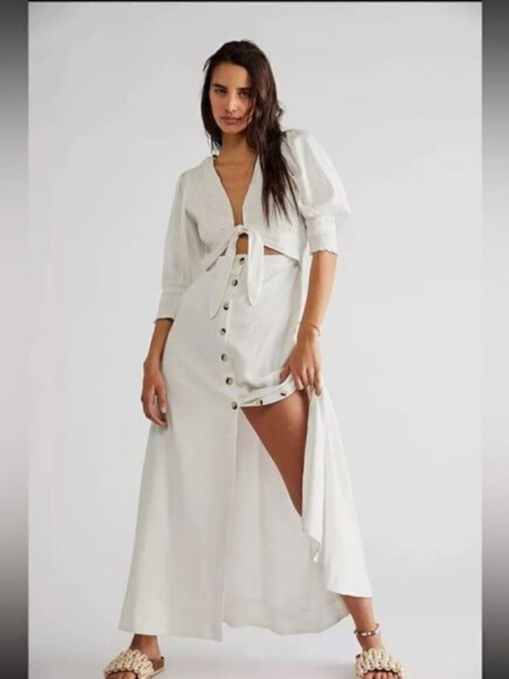 Free People String Of Hearts Maxi Dress Smocked V Neck Buttondown XS